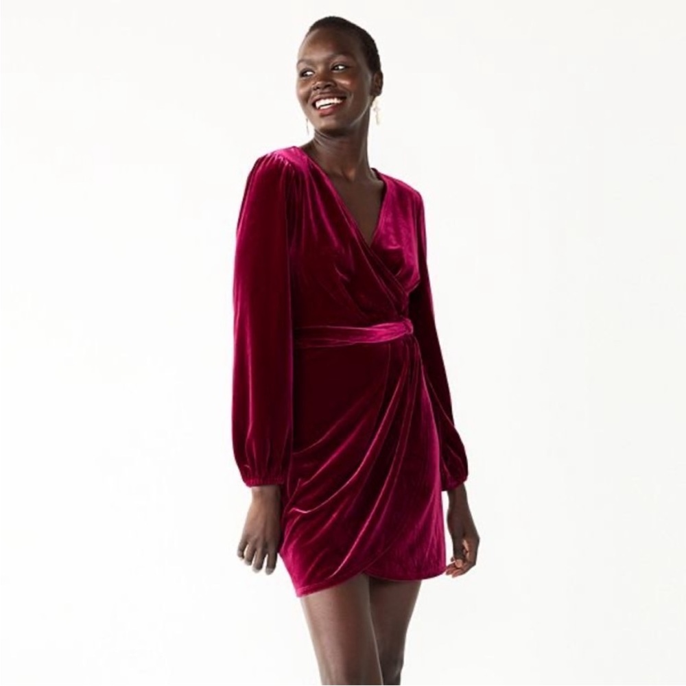 Nine West Long Sleeve Velvet Wrap Dress